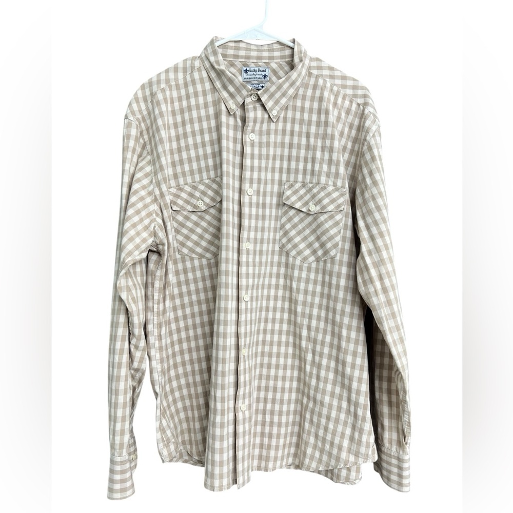 Lucky Brand Beige Tan White Checkered Long Sleeve Shirt Size‎ XL